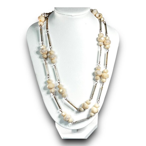 NY Faceted Iridencent Cream Glass Bead and Gold Statement Necklace - Picture 5 of 10